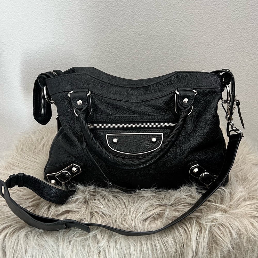 Balenciaga town bag color black with crossbody strap and mirror